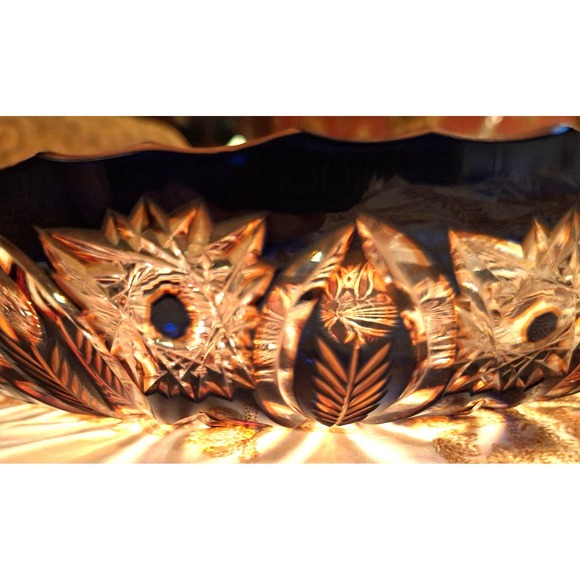Vintage Czech Bohemian Cut to Clear 12.5" Bowl Feather Pattern Brown Orange - Picture 14 of 16